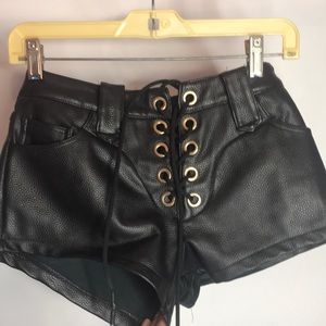 Black Faux Leather Lace-Up Women's Shorts